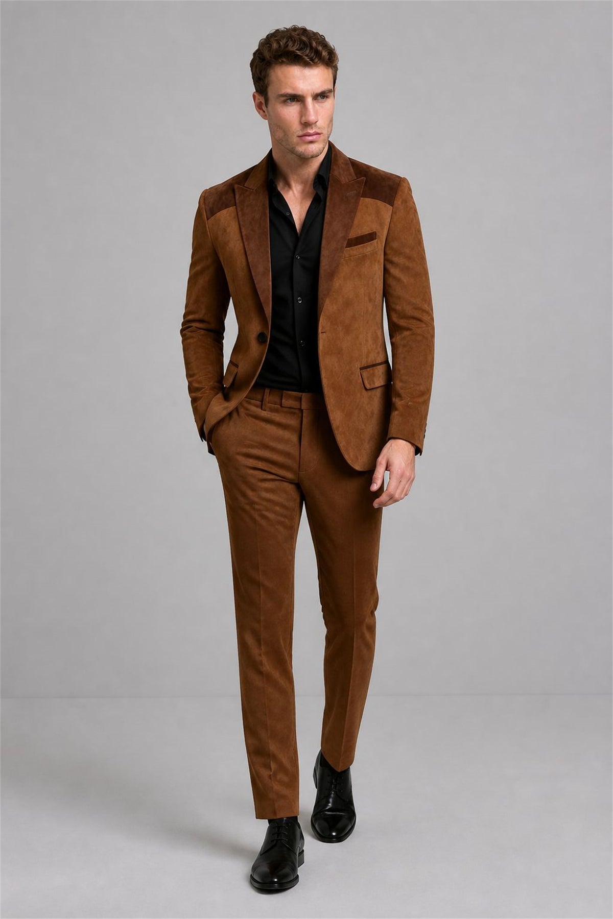 Men's Brown Velvet Contrast Blazer - Walking Full Length | Savile AA0001