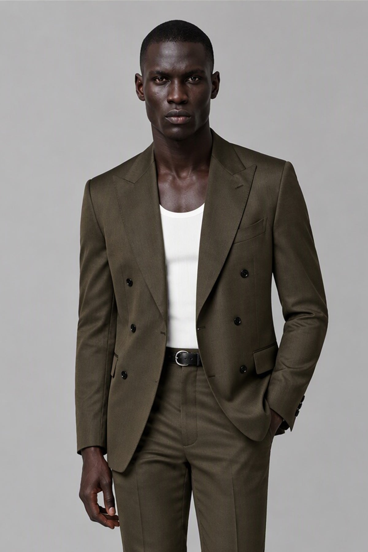 Savile Men's Olive Brown Green Peak Lapel Double Breasted Suit Jacket - Tailoring and Lapel Detail