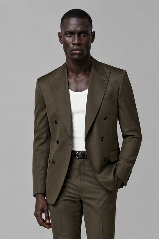 Savile Men's Olive Brown Green Peak Lapel Double Breasted Suit Jacket - Tailoring and Lapel Detail