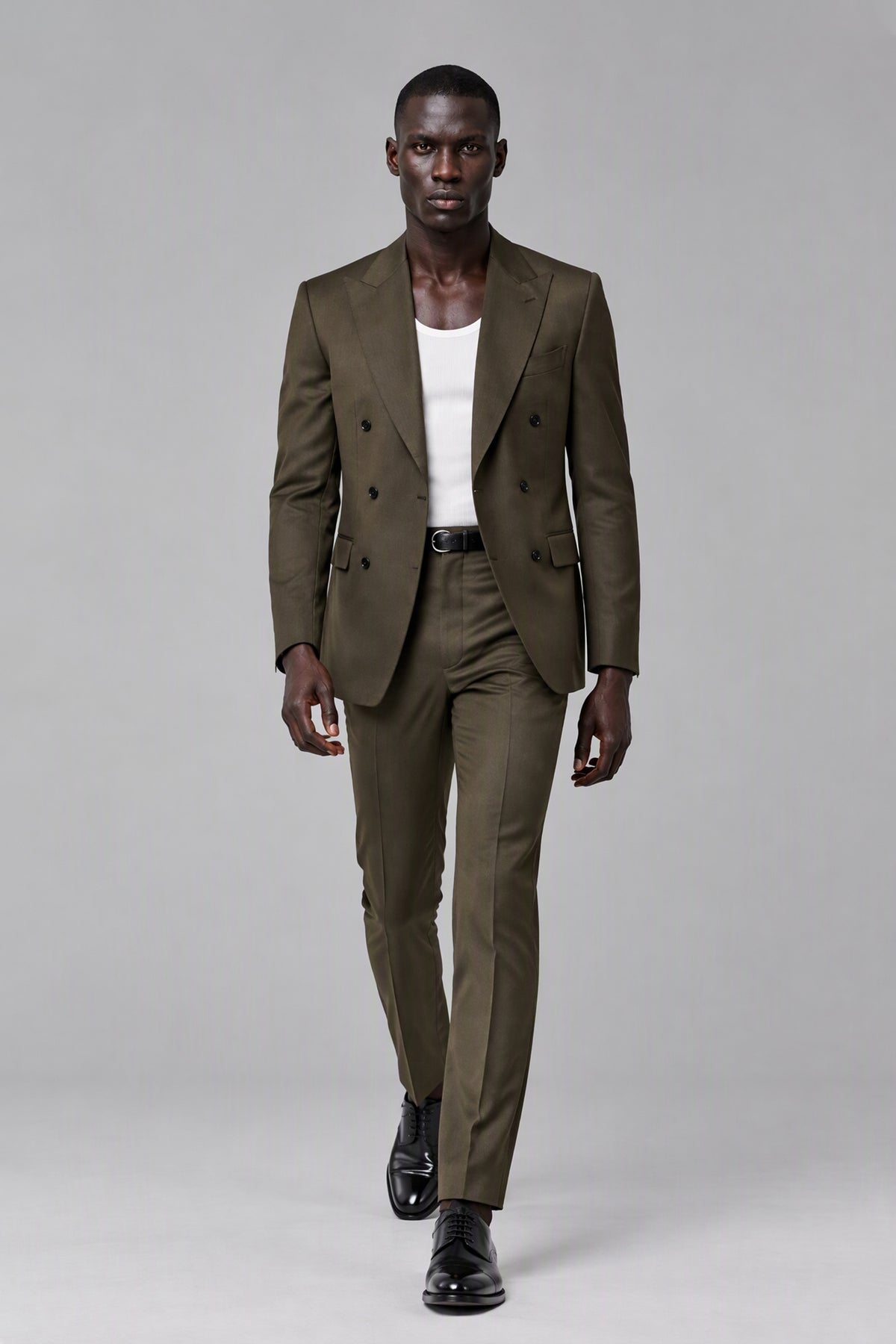 Savile Men's Olive Brown Green Double Breasted Slim Fit 2-Piece Suit - Front Full Body Hero View