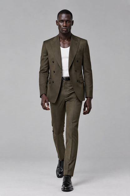 Savile Men's Olive Brown Green Double Breasted Slim Fit 2-Piece Suit - Front Full Body Hero View