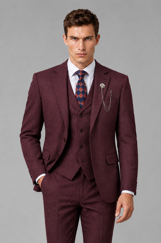 Savile Men's Grey Notch Lapel 3-Piece Suit Set | Jacket, Vest & Trousers - Burgundy - Burgundy