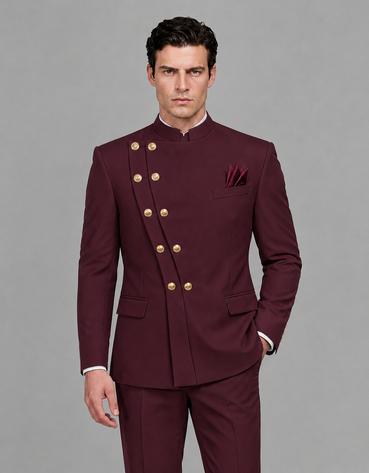 BOLODOO Men's Burgundy Asymmetrical Mandarin Collar Tuxedo Suit – Modern 2-Piece Gold Button Wedding, Prom & Gala Set - Burgundy - Burgundy_01