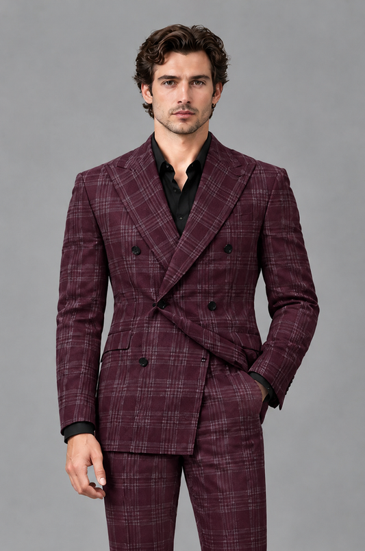 Savile Men's Rust Plaid 2-Piece Double-Breasted Suit – Peak Lapel Slim-Fit Jacket & Trousers Set - Burgundy - Burgundy