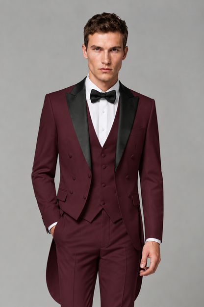 Savile Burgundy 3-Piece Tailcoat Tuxedo Suit with Black Peak Lapel - Burgundy - Burgundy_01
