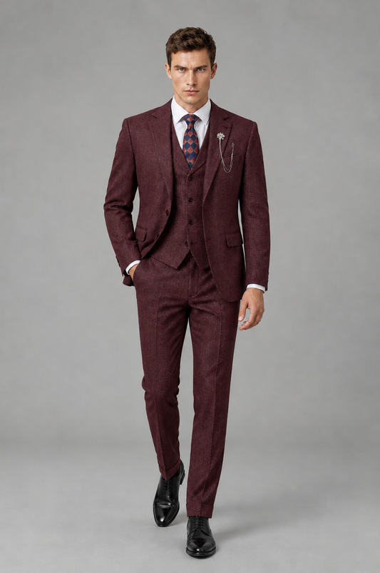 Savile Men's Grey Notch Lapel 3-Piece Suit Set | Jacket, Vest & Trousers - Burgundy - Burgundy
