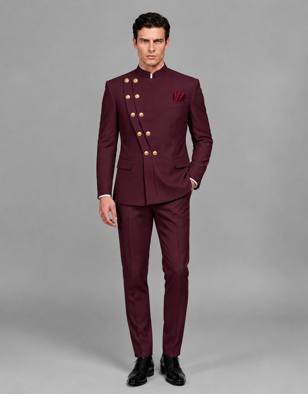BOLODOO Men's Burgundy Asymmetrical Mandarin Collar Tuxedo Suit – Modern 2-Piece Gold Button Wedding, Prom & Gala Set - Burgundy - Burgundy_02