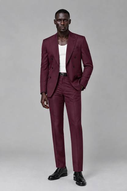 Savile Men's Burgundy Double Breasted Slim Fit 2-Piece Suit Set – Blazer & Trousers | Wedding Gala Formal - Burgundy - Burgundy_02