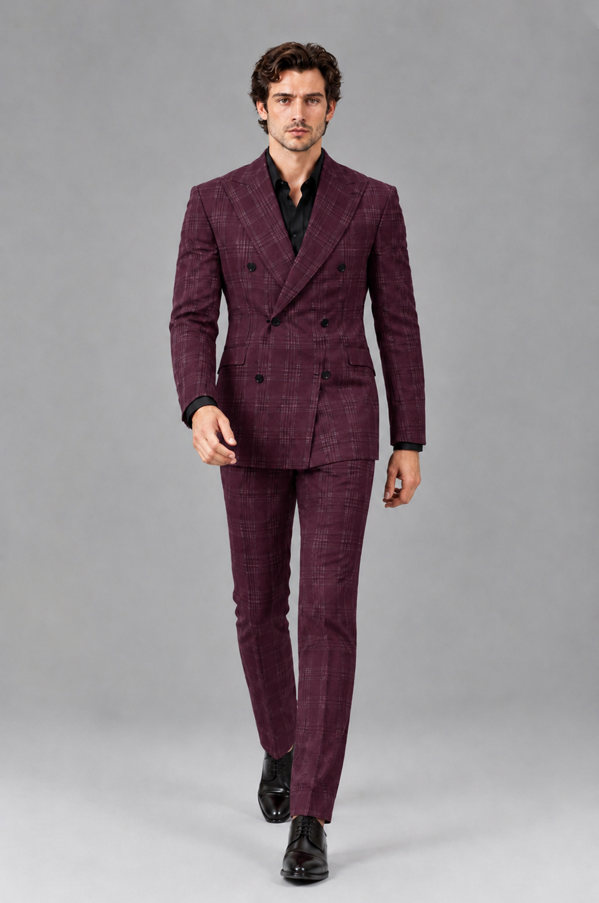 Savile Men's Rust Plaid 2-Piece Double-Breasted Suit – Peak Lapel Slim-Fit Jacket & Trousers Set - Burgundy - Burgundy