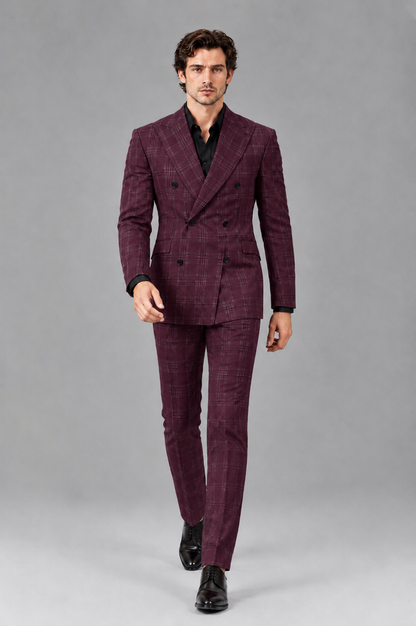Savile Men's Rust Plaid 2-Piece Double-Breasted Suit – Peak Lapel Slim-Fit Jacket & Trousers Set - Burgundy - Burgundy