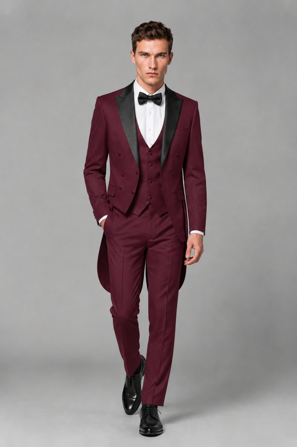 Savile Burgundy 3-Piece Tailcoat Tuxedo Suit with Black Peak Lapel - Burgundy - Burgundy_02