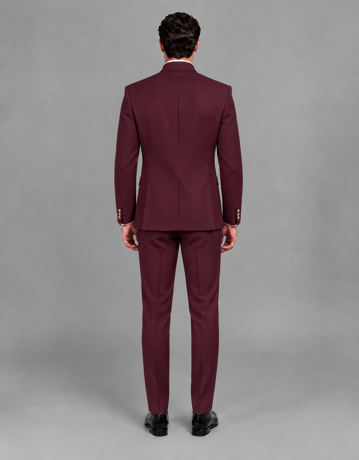 BOLODOO Men's Burgundy Asymmetrical Mandarin Collar Tuxedo Suit – Modern 2-Piece Gold Button Wedding, Prom & Gala Set - Burgundy - Burgundy_03