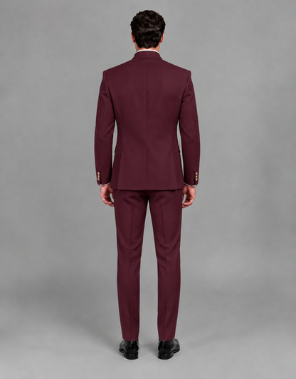 BOLODOO Men's Burgundy Asymmetrical Mandarin Collar Tuxedo Suit – Modern 2-Piece Gold Button Wedding, Prom & Gala Set - Burgundy - Burgundy_03