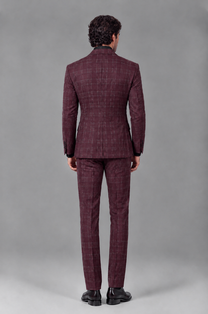 Savile Men's Rust Plaid 2-Piece Double-Breasted Suit – Peak Lapel Slim-Fit Jacket & Trousers Set - Burgundy - Burgundy