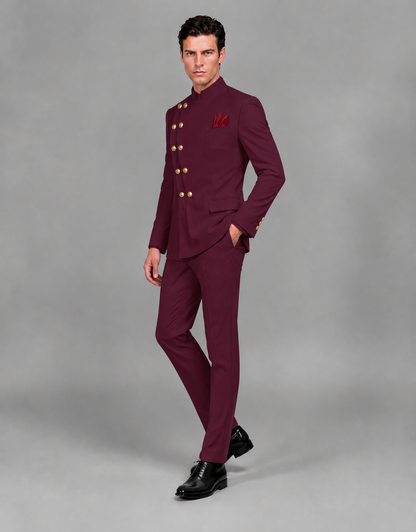 BOLODOO Men's Burgundy Asymmetrical Mandarin Collar Tuxedo Suit – Modern 2-Piece Gold Button Wedding, Prom & Gala Set - Burgundy - Burgundy_04
