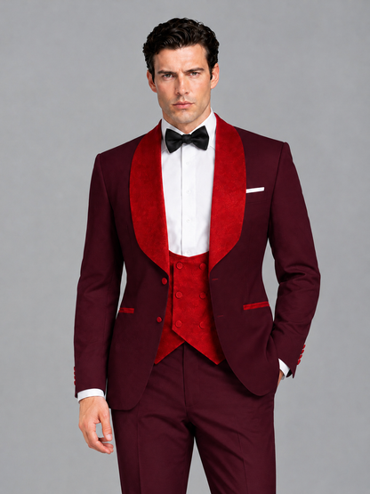 Savile Men's Burgundy 3-Piece Tuxedo Suit Set – Contrast Red Shawl Lapel Blazer, Red Waistcoat & Trousers - SUC020 - Burgundy