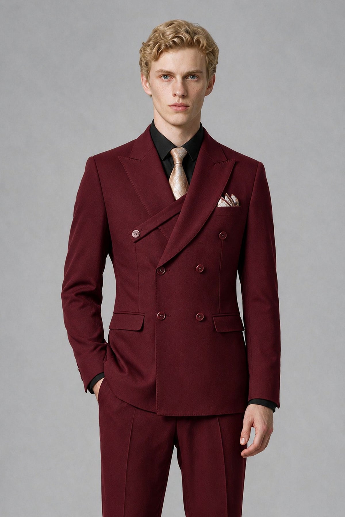 Savile Men's Burgundy Double-Breasted Two-Piece Suit - Burgundy