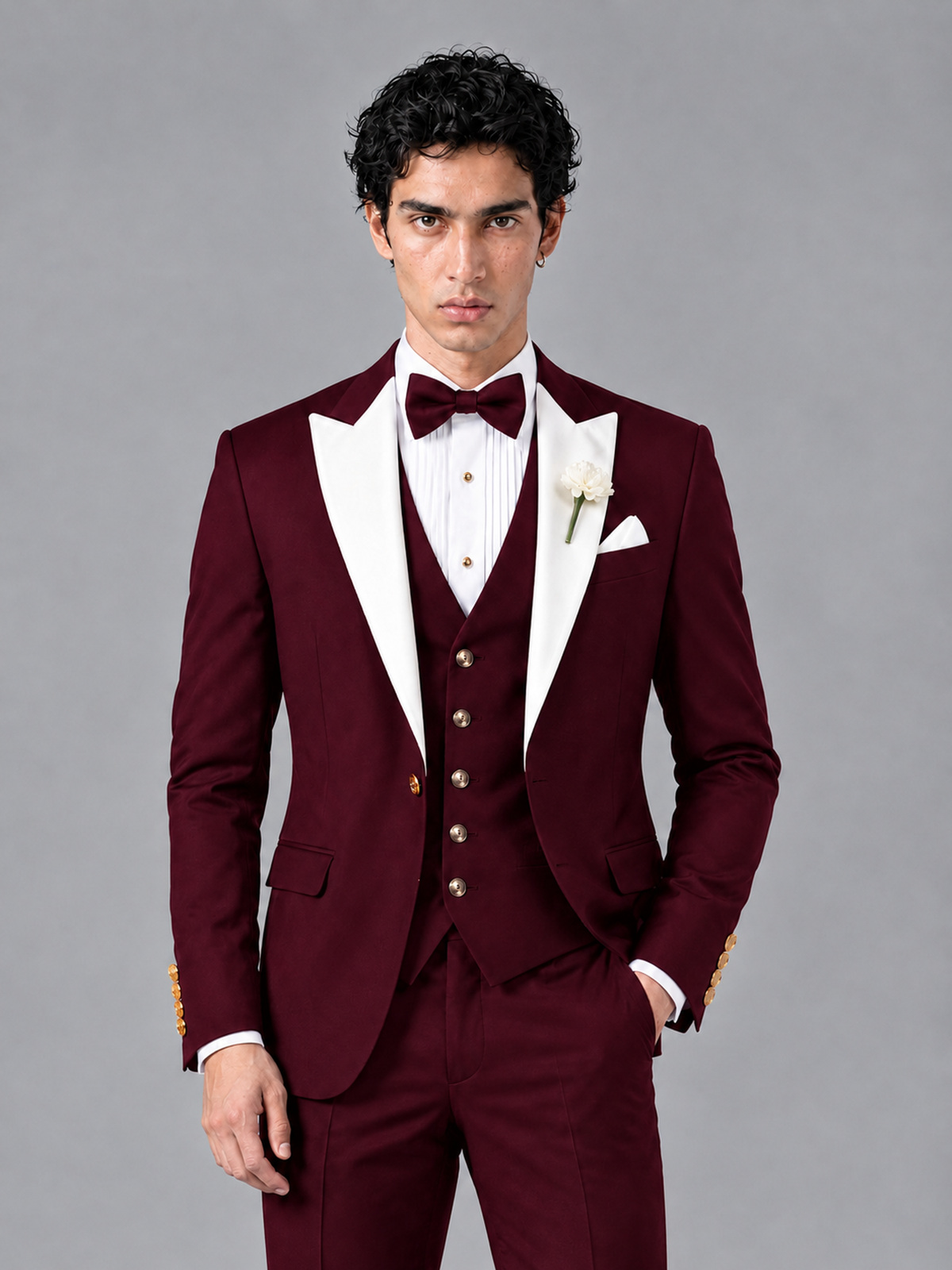 Savile Men's Burgundy Contrast White Peak Lapel 3-Piece Tuxedo Suit - Burgundy