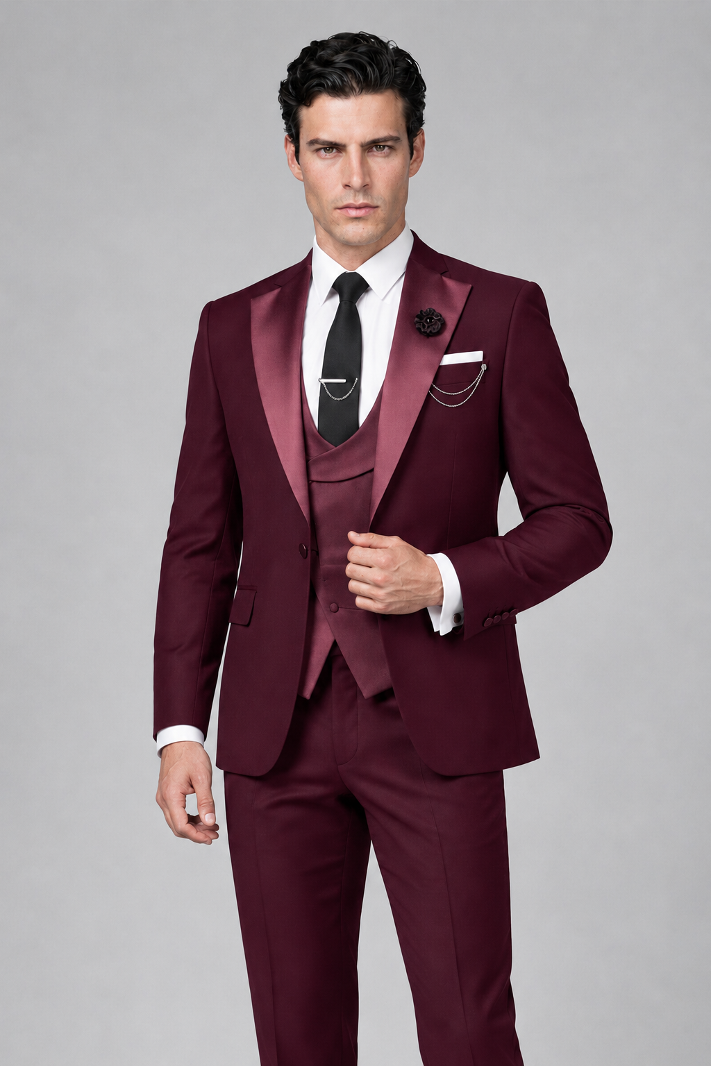 Savile Men's Burgundy 3-Piece Tuxedo Suit – Contrast Silver Peak Lapel & Grey Vest Formal Set - Burgundy - Burgundy_1
