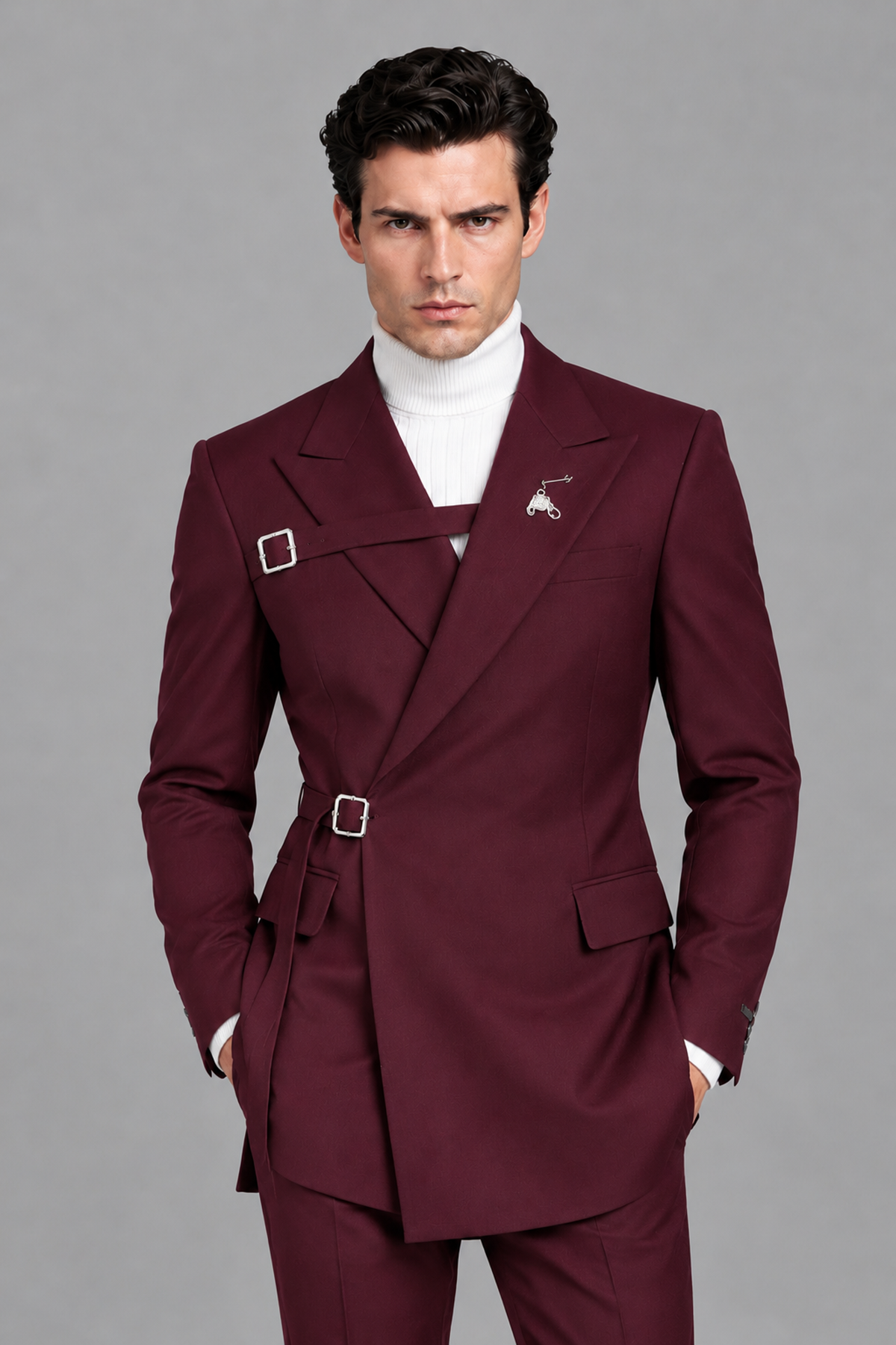 Savile Men's Burgundy Double Buckle Wrap Belted 2-Piece Suit Set – Peak Lapel Slim-Fit Jacket & Trousers - Burgundy - Burgundy_1