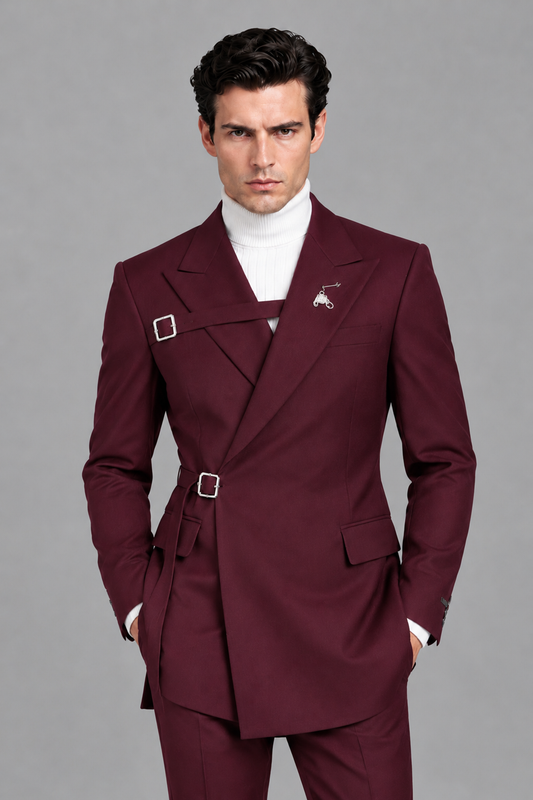Savile Men's Burgundy Double Buckle Wrap Belted 2-Piece Suit Set – Peak Lapel Slim-Fit Jacket & Trousers - Burgundy - Burgundy_1