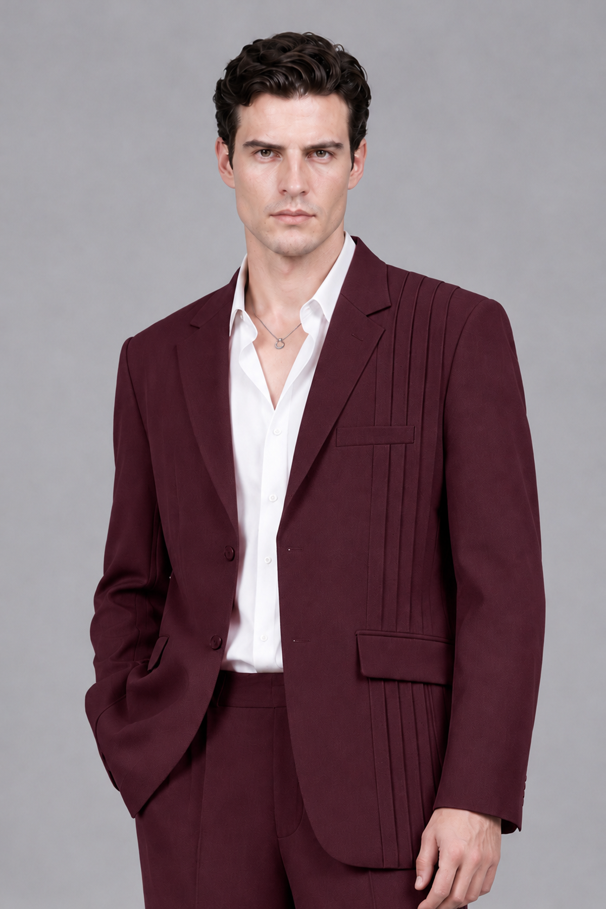 Savile Men's Burgundy Pleated 2-Piece Suit Set | Notch Lapel Blazer & Tailored Trousers - Burgundy - Burgundy_1