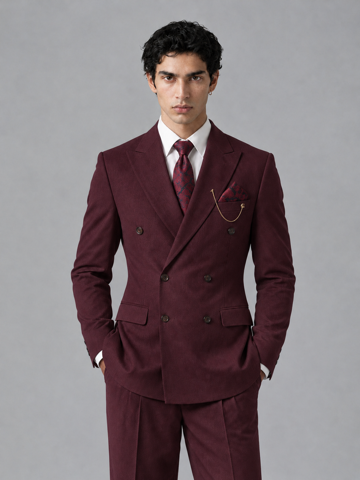 Savile Men's Burgundy Double-Breasted 2-Piece Suit Set – Peak Lapel Blazer & Pleated Wide-Leg Trousers - Burgundy - Burgundy_1