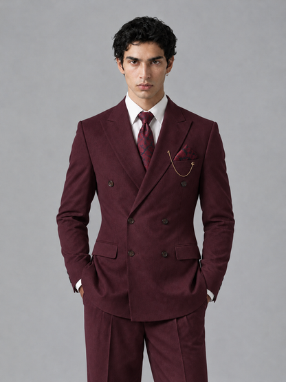 Savile Men's Burgundy Double-Breasted 2-Piece Suit Set – Peak Lapel Blazer & Pleated Wide-Leg Trousers - Burgundy - Burgundy_1