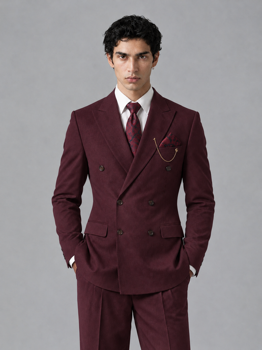 Savile Men's Burgundy Double-Breasted 2-Piece Suit Set – Peak Lapel Blazer & Pleated Wide-Leg Trousers - Burgundy - Burgundy_1