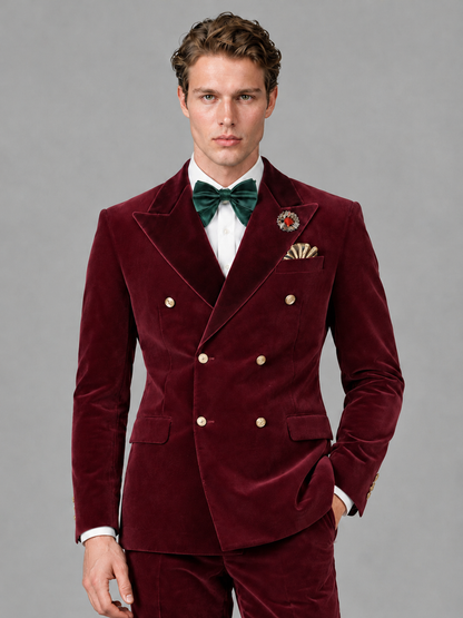 Savile Men's Burgundy Velvet Double-Breasted 2-Piece Tuxedo Suit with Burgundy Peak Lapel - Burgundy