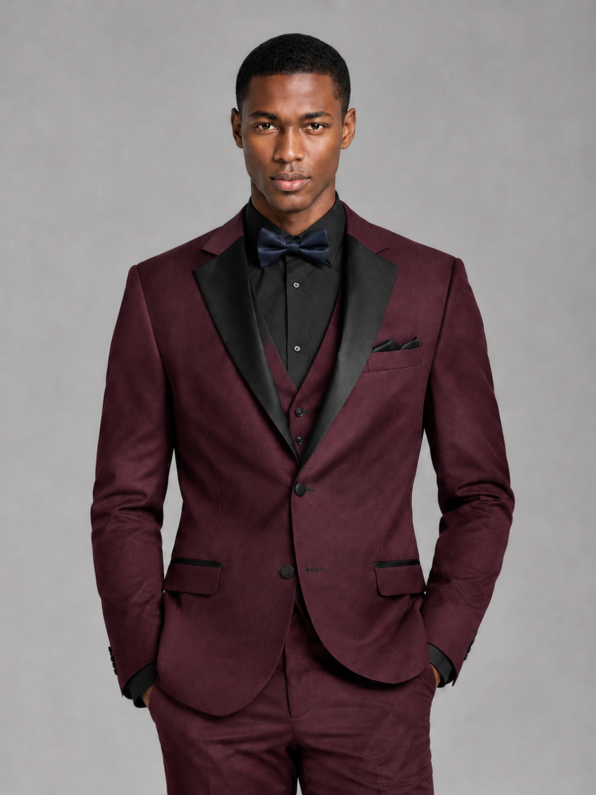 Savile Men's Burgundy Contrast Shawl Lapel Tuxedo Suit – 3-Piece Wedding, Prom & Black-Tie Formal Set - Burgundy - Burgundy_1