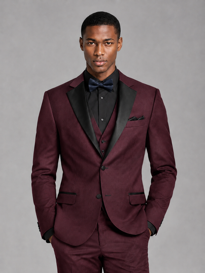 Savile Men's Burgundy Contrast Shawl Lapel Tuxedo Suit – 3-Piece Wedding, Prom & Black-Tie Formal Set - Burgundy - Burgundy_1