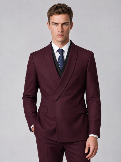 Savile Men's Burgundy Wrap Shawl Lapel 2-Piece Suit Set – Modern Jacket & Trousers - Burgundy - Burgundy_1