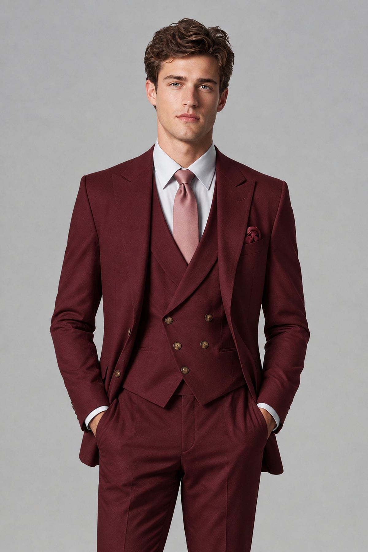Savile Men's Dusty Burgundy 3-Piece Suit – Jacket, Vest & Trousers | QX0113 - Burgundy