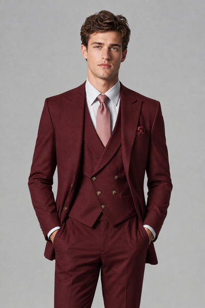 Savile Men's Dusty Burgundy 3-Piece Suit – Jacket, Vest & Trousers | QX0113 - Burgundy