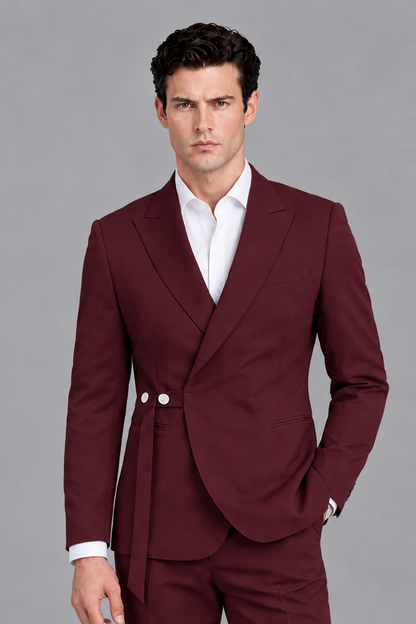 Savile Men's Modern Burgundy 2-Piece Wrap Suit Set – Peak Lapel Side-Button Blazer & Tailored Trousers - Burgundy - Burgundy_1