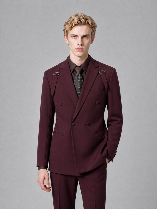 Men's Light Burgundy Double-Breasted Slim Fit 2-Piece Suit – Peak Lapel Wedding & Business Formal Set - Burgundy - Burgundy_1