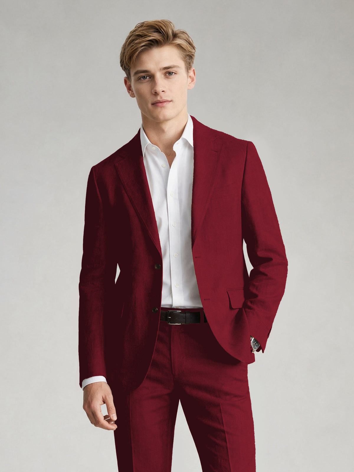 Savile Men's Sand Khaki Linen-Blend 2-Piece Suit Set – Two-Button Notch Lapel Slim-Fit Blazer & Slim Trousers - Burgundy - Burgundy