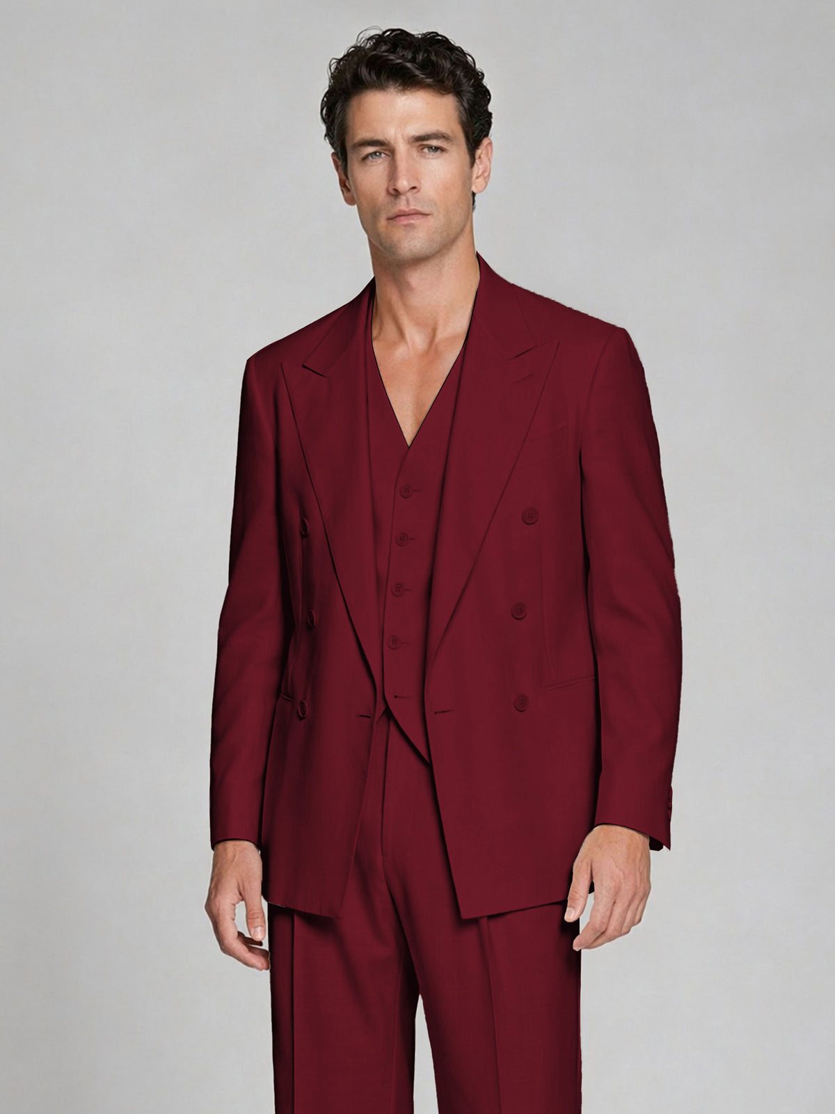 Men's Burgundy Double-Breasted 2-Piece Suit – Peak Lapel Wedding & Beach Formal Set with Vest - Burgundy