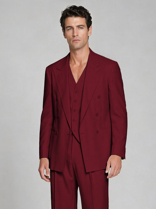 Men's Burgundy Double-Breasted 2-Piece Suit – Peak Lapel Wedding & Beach Formal Set with Vest - Burgundy