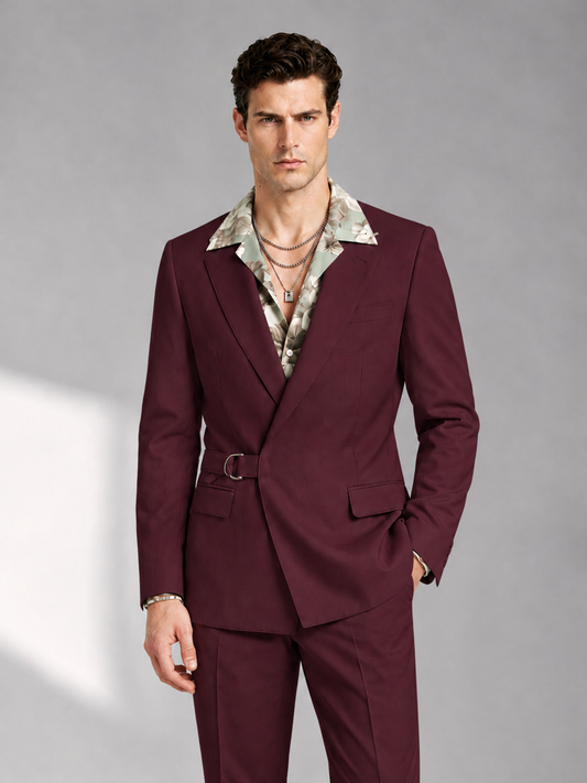 Savile Men's Burgundy Belted Wrap 2-Piece Suit – Peak Lapel Blazer & Tailored Trousers - SUC060 - Burgundy - Burgundy_1