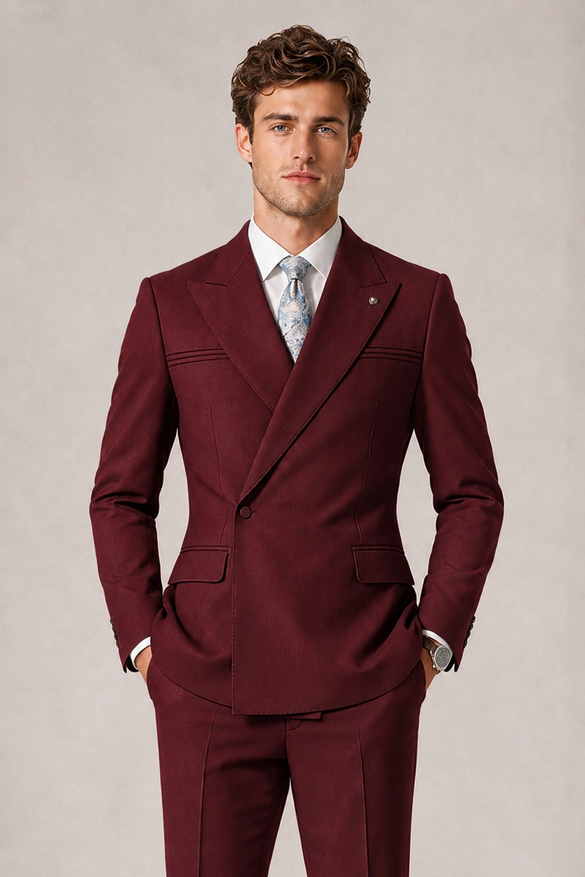 Savile Men's Burgundy Double-Breasted Slim Fit 2-Piece Suit Set – Peak Lapel Blazer & Cuffed Trousers | Wedding Prom Formal - Burgundy