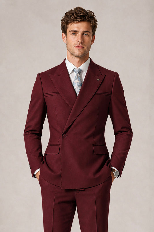 Savile Men's Burgundy Double-Breasted Slim Fit 2-Piece Suit Set – Peak Lapel Blazer & Cuffed Trousers | Wedding Prom Formal - Burgundy