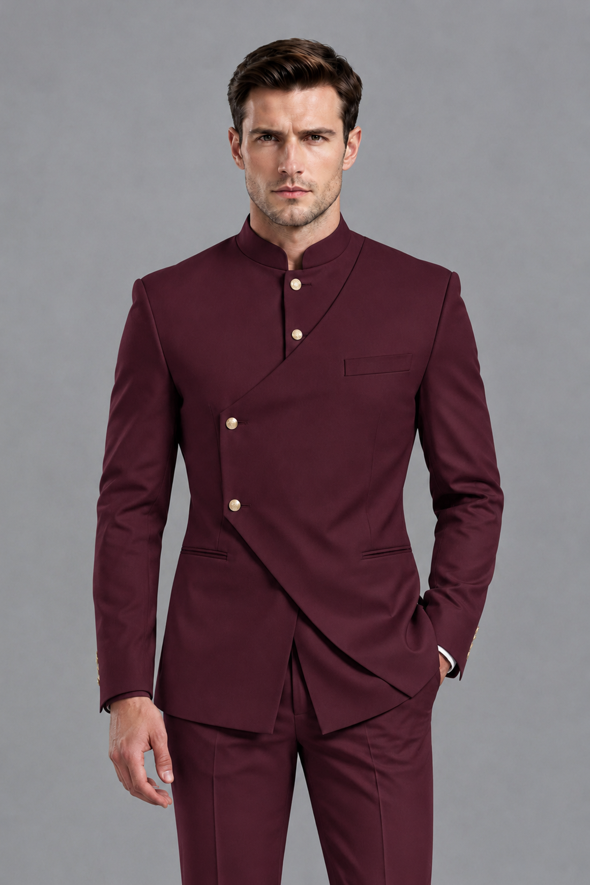 Savile Men's Burgundy Asymmetrical Mandarin Collar Tuxedo Suit – Modern 2-Piece Gold Button Wedding, Prom & Gala Set - Burgundy - Burgundy_1