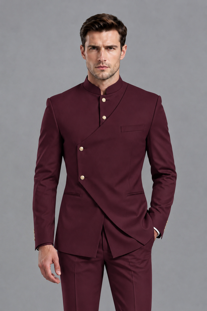 Savile Men's Burgundy Asymmetrical Mandarin Collar Tuxedo Suit – Modern 2-Piece Gold Button Wedding, Prom & Gala Set - Burgundy - Burgundy_1