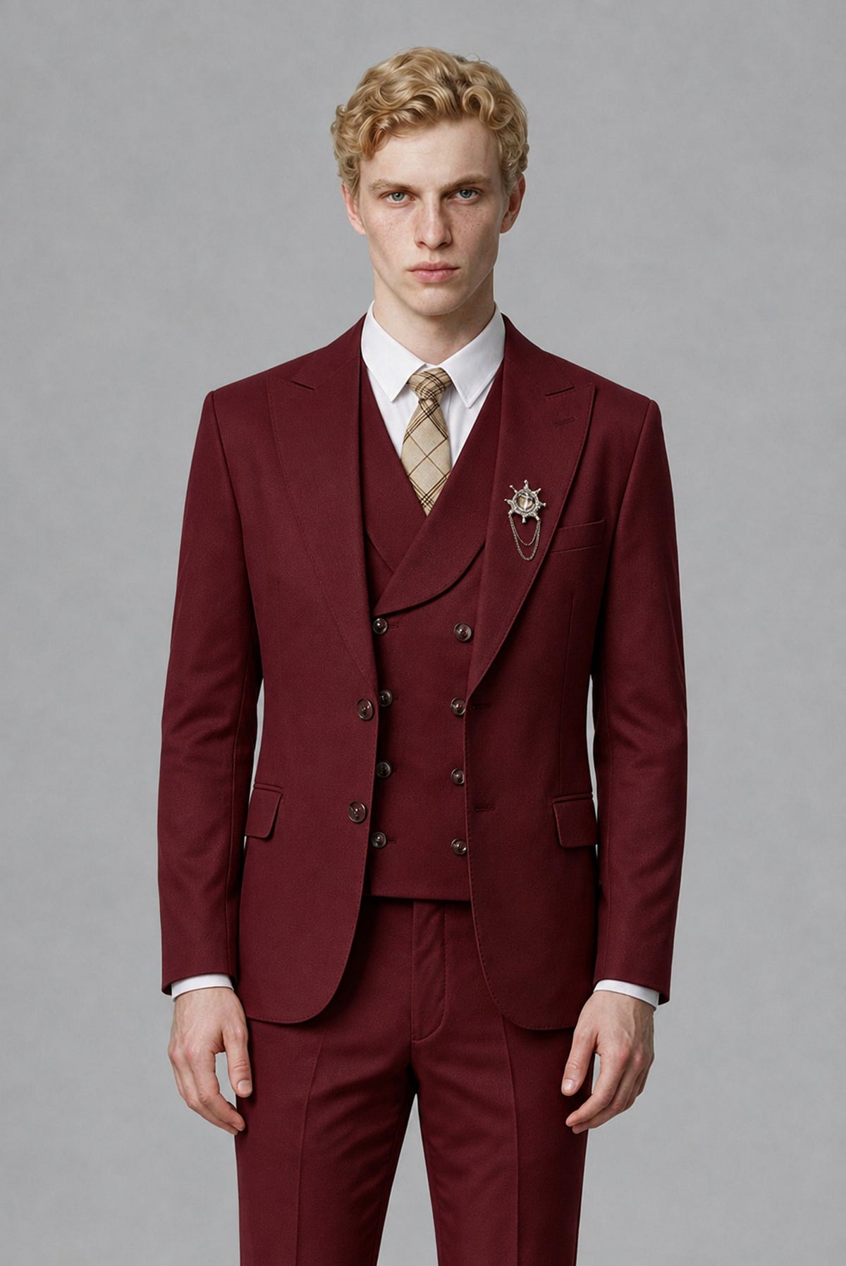 Savile Men's Burgundy Three-Piece Wedding Suit with Double-Breasted Waistcoat - Burgundy