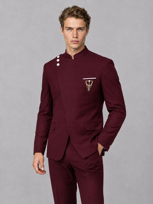 Savile Men's Burgundy Mandarin Collar Asymmetrical 2-Piece Suit Set – Modern Jacket & Trousers - Burgundy - Burgundy_1