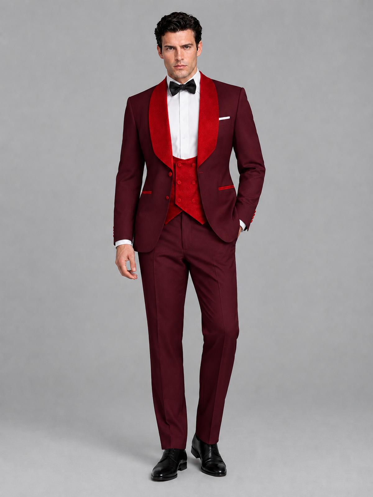 Savile Men's Burgundy 3-Piece Tuxedo Suit Set – Contrast Red Shawl Lapel Blazer, Red Waistcoat & Trousers - SUC020 - Burgundy