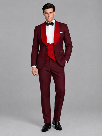 Savile Men's Burgundy 3-Piece Tuxedo Suit Set – Contrast Red Shawl Lapel Blazer, Red Waistcoat & Trousers - SUC020 - Burgundy