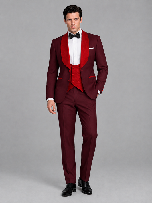 Savile Men's Burgundy 3-Piece Tuxedo Suit Set – Contrast Red Shawl Lapel Blazer, Red Waistcoat & Trousers - SUC020 - Burgundy
